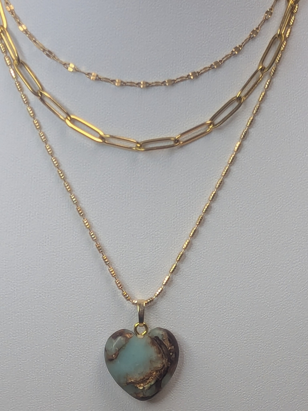 18K GP Layered Necklace Stack Aqua Terra Jasper Heart Pendant Gold Set